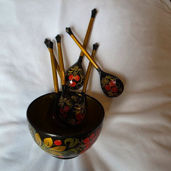 Khokhloma Wooden Bowl 6 Spoons Russian Traditional Collectible - Picture 5 of 10